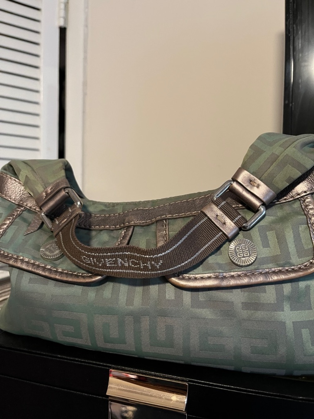 Givenchy Olive Green Nylon Monogram Messenger Bag with Metallic Trim